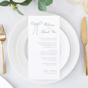 Blue Bow Toile Welcome And Thank You Place Card