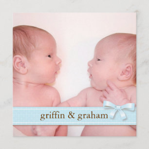 Blue Bow Twin Boys Baby Photo Birth Announcement