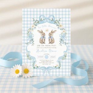 Blue Bow Twin Boys Bunny Baby Shower Invitation