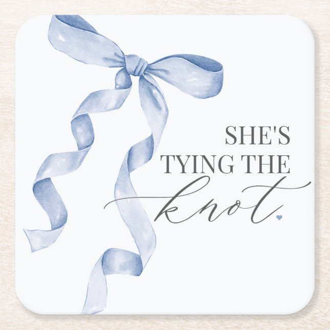 Blue Bow Tying the Knot Bridal Shower Decor Square Paper Coaster (Front)