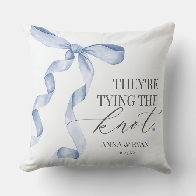 Blue Bow Tying the Knot Bridal Shower Gift Cushion (Front)