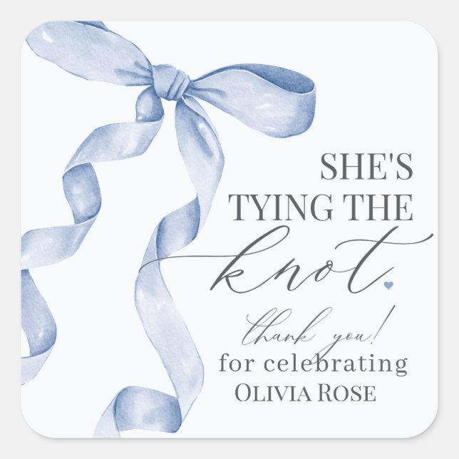 Blue Bow Tying the Knot Bridal Shower Party Favour Square Sticker (Front)
