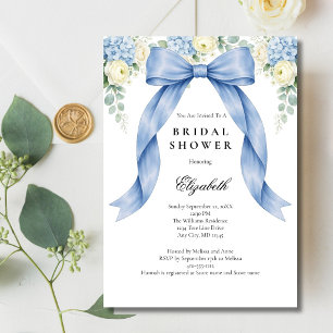 Blue Bow Watercolor Florals Bridal Shower Invitation