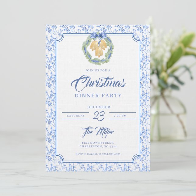 Blue Bow Watercolor Wreath Grandmillenial Invitation (Standing Front)