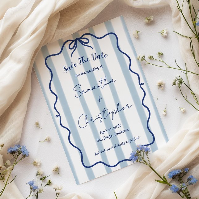 Blue Bow Wavy Frame Whimsical Wedding Save The Date (Creator Uploaded)