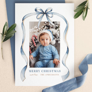  Blue Bow Wavy Ribbon Frame Merry Christmas Photo Holiday Card