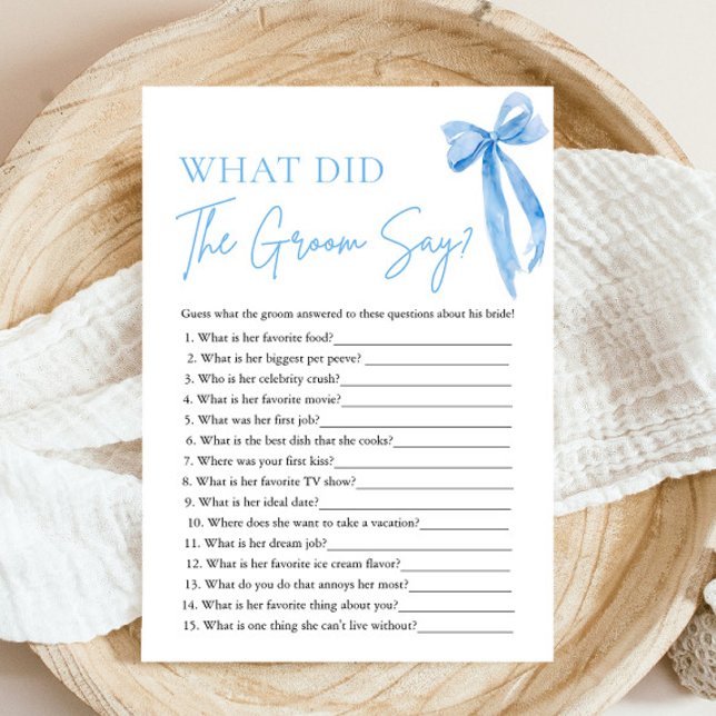 Blue Bow What Did The Groom Say Bridal Shower Game Invitation (Modern Watercolor Dusty Blue Bow What Did The Groom Say Bridal Shower Game)