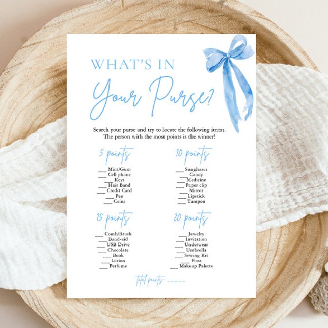 Blue Bow What's In Your Purse Bridal Shower Game Invitation (Modern Watercolor Dusty Blue Bow What's In Your Purse Bridal Shower Game)
