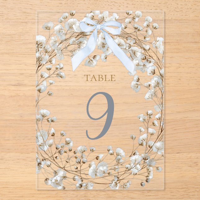  blue bow white baby's breath flowers table number (Front)