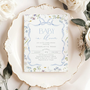 Blue Bow Wildflower Baby in Bloom Baby Boy Shower Invitation