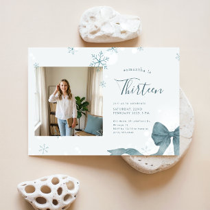 Blue Bow Winter Girl Photo 13th Birthday Party Invitation