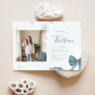 Blue Bow Winter Girl Photo 13th Birthday Party Invitation