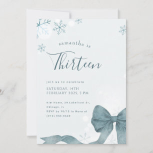 Blue Bow Winter Snowflake 13th Birthday Party Invitation