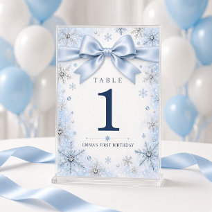 Blue Bow Winter Wonderland Birthday Table Number