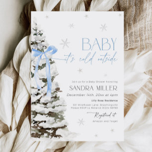 Blue Bow Winter Wonderland Boy Baby Shower Invitation