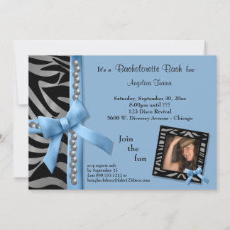 Blue Bow With Silver Pearls And Zebra Stripes Invitation