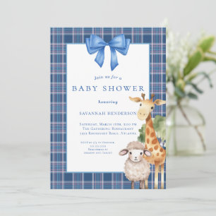 Blue Bow Woodland Animals Baby Shower Invitation