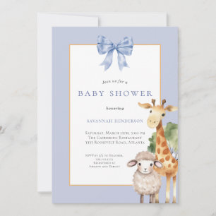 Blue Bow Woodland Animals Baby Shower Invitation