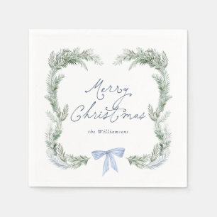 Blue Bow Wreath Botanical Christmas Napkins