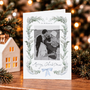 Blue Bow Wreath Botanical Christmas Photo Folded Holiday Card