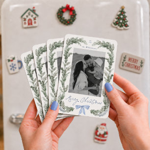 Blue Bow Wreath Botanical Christmas Photo Magnet