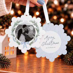 Blue Bow Wreath Botanical Christmas Photo Tree Decoration Card