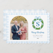 Blue Bow Wreath Christmas Photo Holiday Card