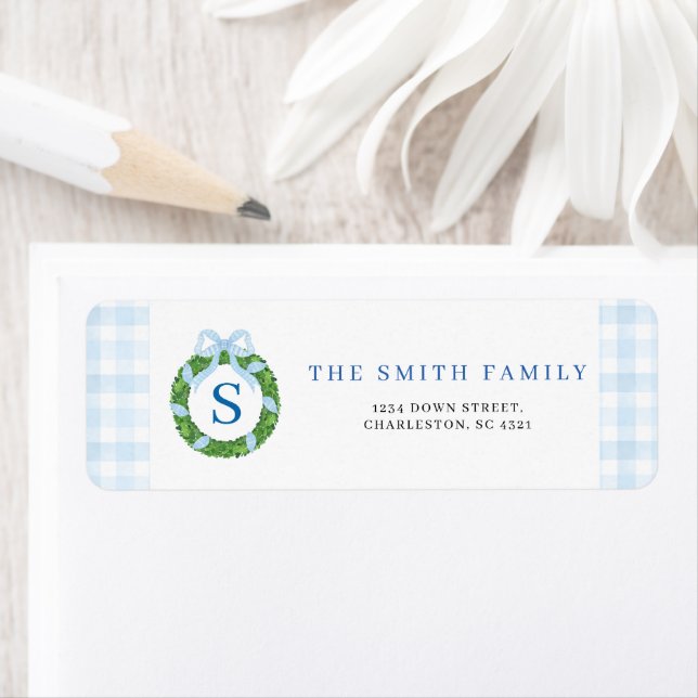 Blue Bow Wreath Christmas Return Address Label (Insitu)