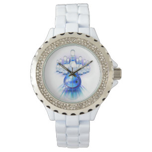 Blue bowling ball in motion and the pins watch