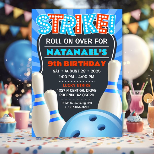 Blue Bowling Party Boys Birthday Invitation (Boys Bowling Party Invitation)