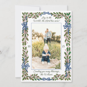 Blue Bows and Holly Garland One-Photo Christmas Holiday Card
