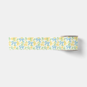 Blue Bows and Yellow Floral Cottagecore Pattern Satin Ribbon