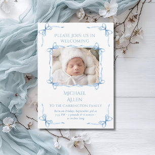 Blue Bows Baby Boy Photo Birth Announcement Card