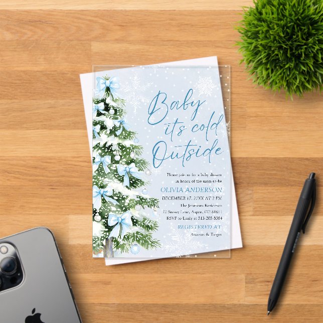 Blue Bows Baby It's Cold Outside Baby Shower Acrylic Invitations (Insitu (Invitation Card))