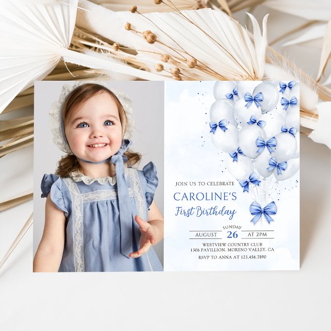 Blue Bows Balloons 1st Birthday Invitation (Creator Uploaded)