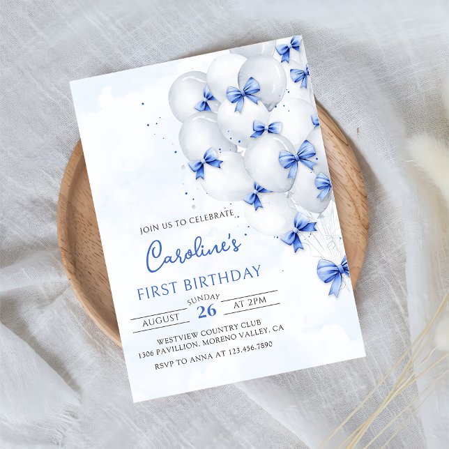 Blue Bows Balloons Birthday Invitation (Creator Uploaded)