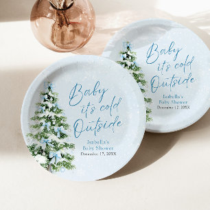 Blue Bows Boy Baby It's Cold Outside Baby Shower Paper Plate