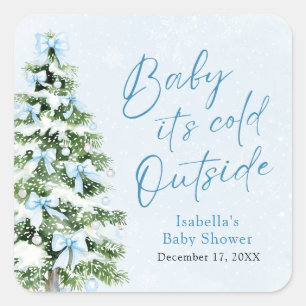 Blue Bows Boy Baby It's Cold Outside Baby Shower Square Sticker