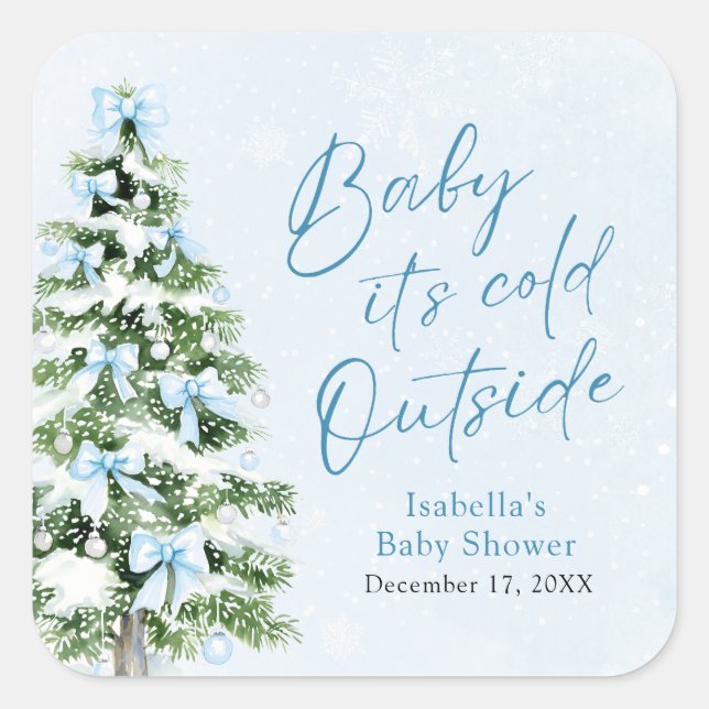 Blue Bows Boy Baby It's Cold Outside Baby Shower Square Sticker (Front)