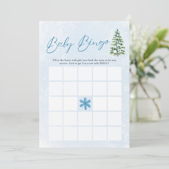 Blue Bows Christmas Baby Bingo Baby Shower Game Invitation (Standing Front)