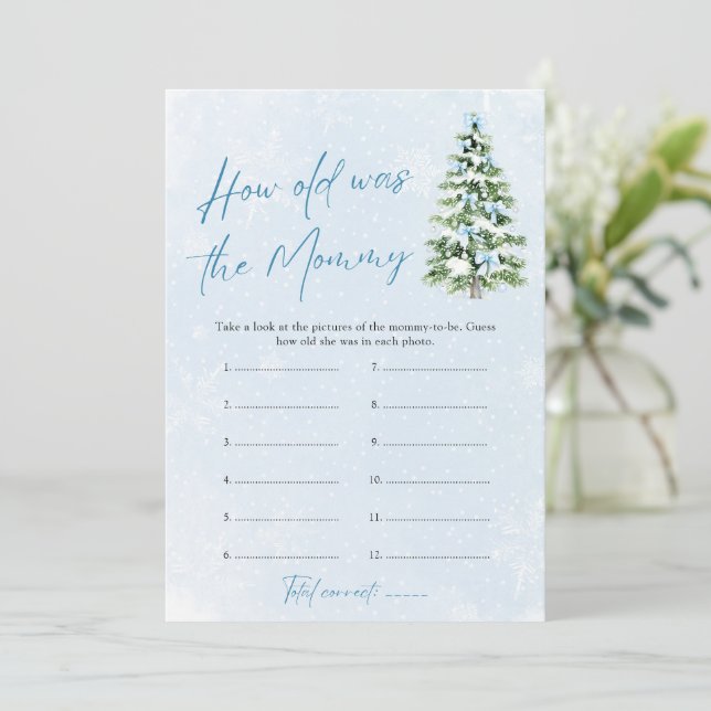 Blue Bows Christmas Baby How Old Was Mommy Game Invitation (Standing Front)