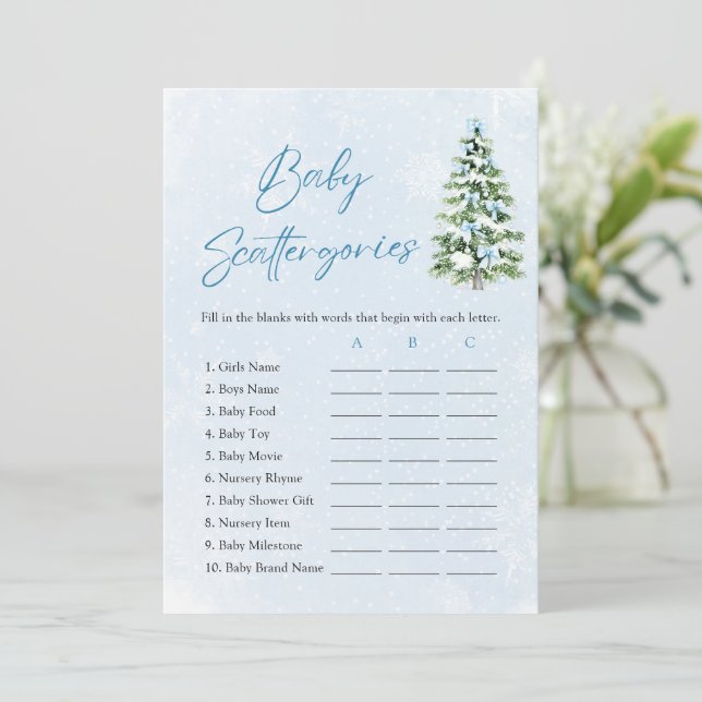 Blue Bows Christmas Baby Shower Scattergories Game Invitation (Standing Front)