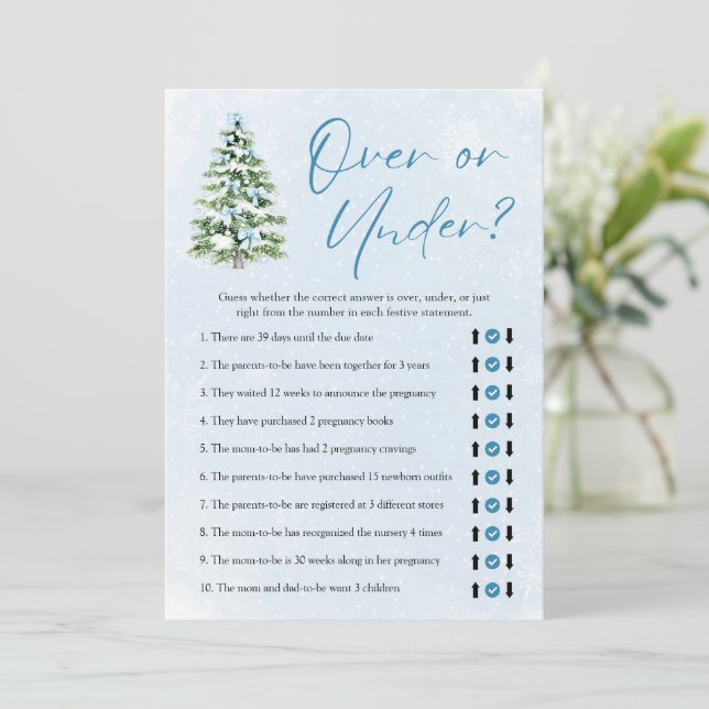 Blue Bows Christmas Over Or Under Baby Shower Game Invitation (Standing Front)