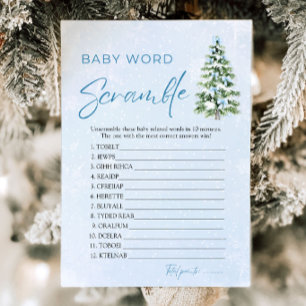 Blue Bows Christmas Tree Baby Word Scramble Game Invitation