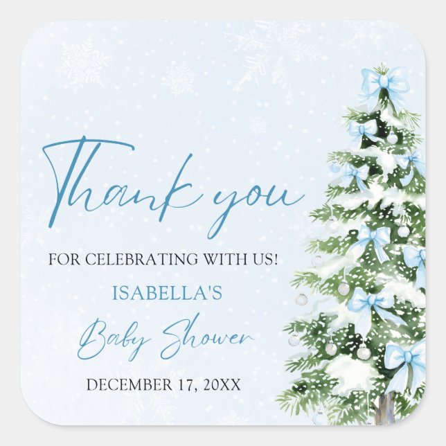 Blue Bows Christmas Tree Boy Winter Baby Shower Square Sticker (Front)