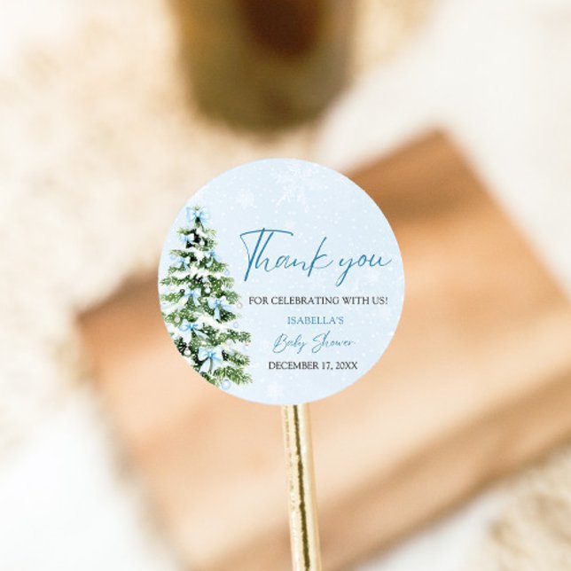 Blue Bows Christmas Tree Girl Winter Baby Shower Classic Round Sticker (Creator Uploaded)