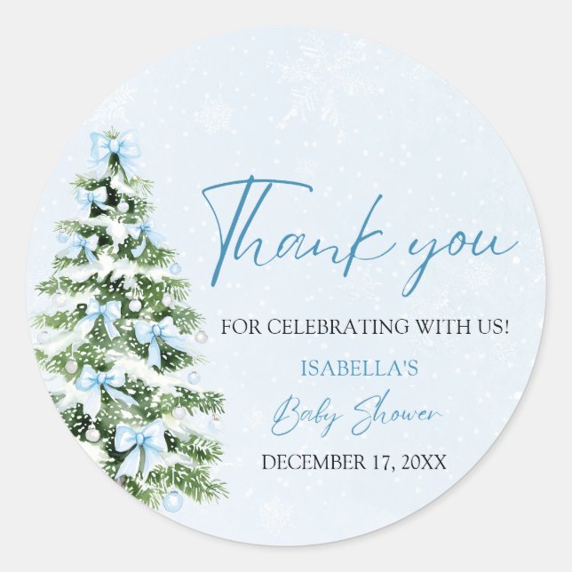 Blue Bows Christmas Tree Girl Winter Baby Shower Classic Round Sticker (Front)