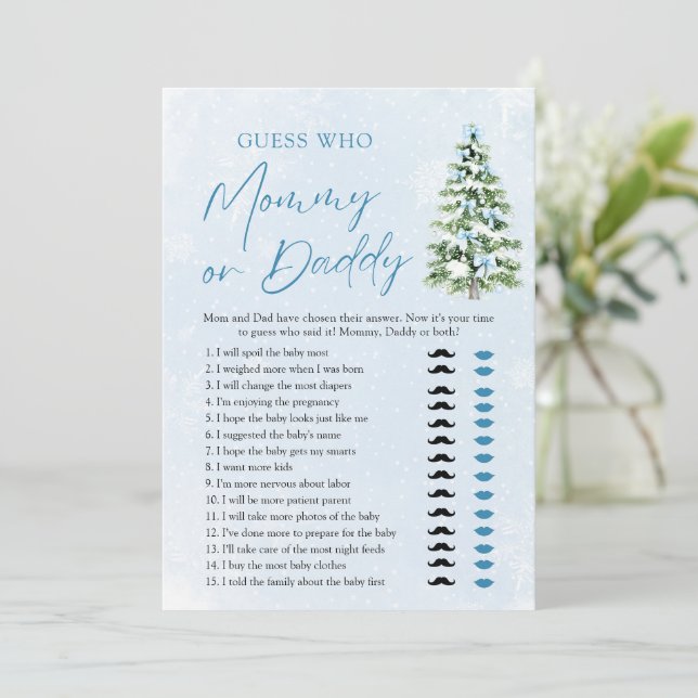 Blue Bows Christmas Tree Guess Who Mom or Dad Game Invitation (Standing Front)