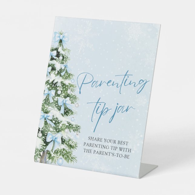 Blue Bows Christmas Tree Parenting Tip Jar Game Pedestal Sign (Front)