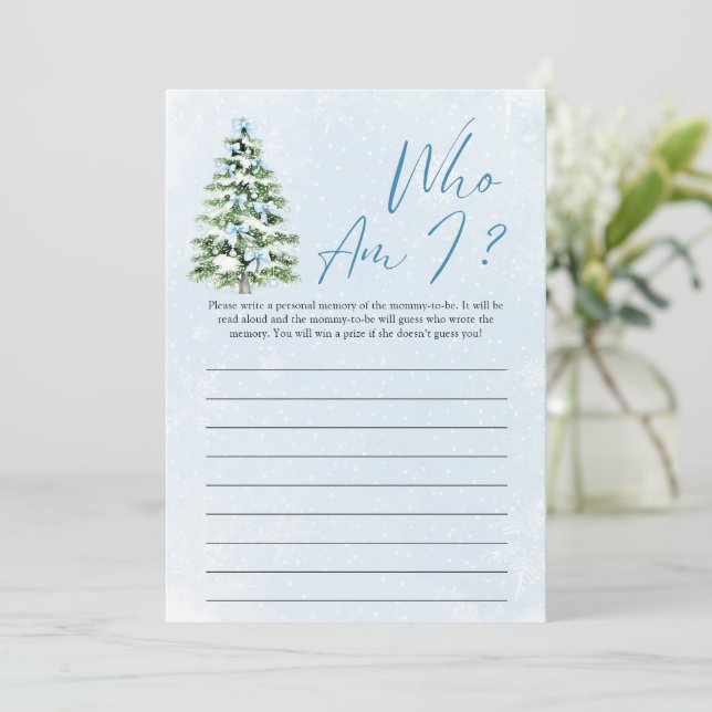 Blue Bows Christmas Tree Who Am I Baby Shower Game Invitation (Standing Front)